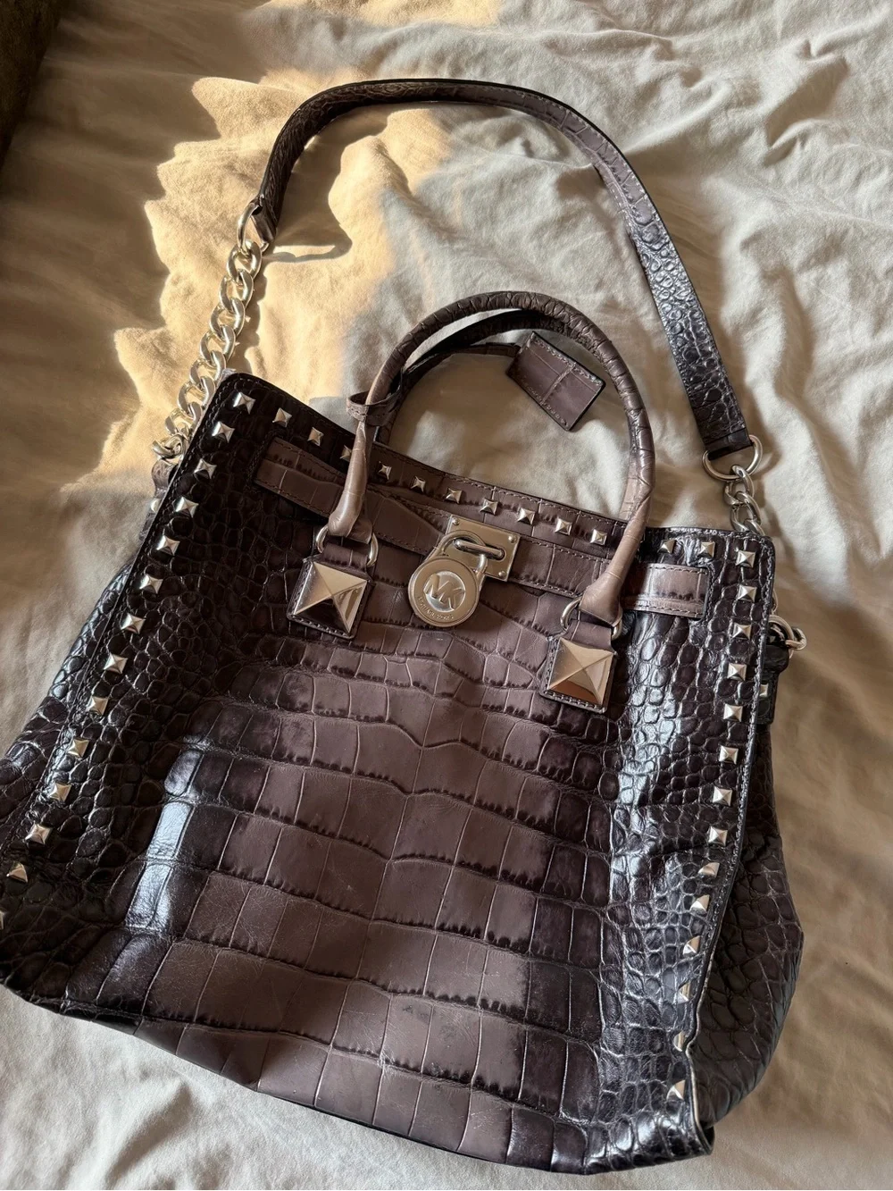 Michael Kors Stud-Trim Croc-Embossed Leather Tote in Dark Brown